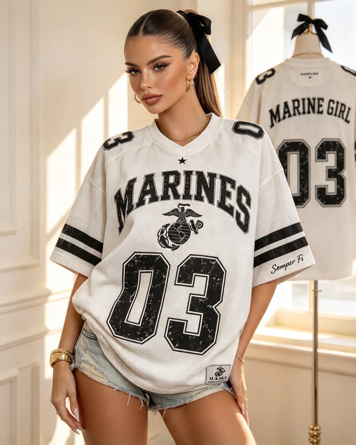 Oversized football jersey with denim cutoffs
